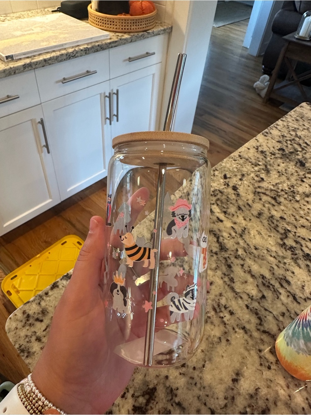 Clear Glass Animal Print Straw Tumbler with Natural Lid